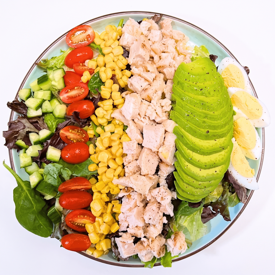 Salad bowl with grilled chicken, avocado, corn, tomatoes, cucumbers, mixed greens, and sliced boiled egg.