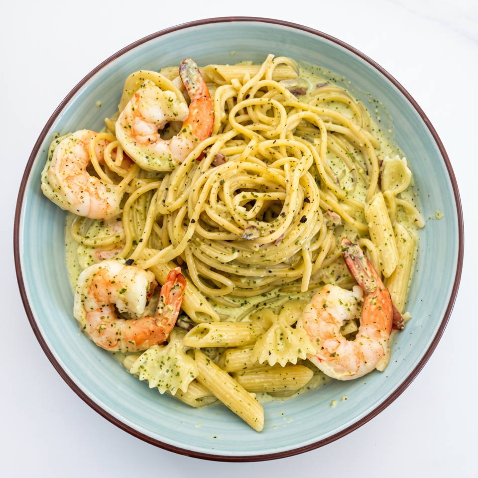 Creamy herb pasta with spaghetti, penne, bow-tie pasta, and shrimp served in a blue bowl.
