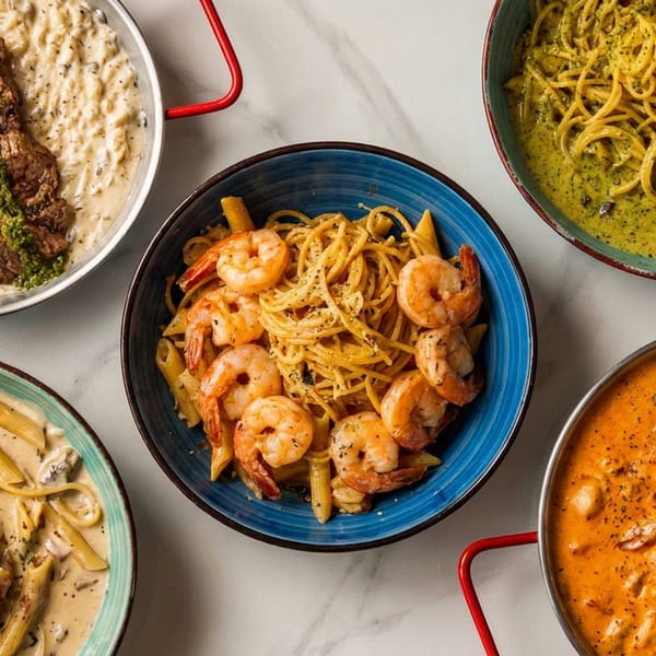 Five pasta dishes, including shrimp, steak, and pesto, arranged on a white marble surface.