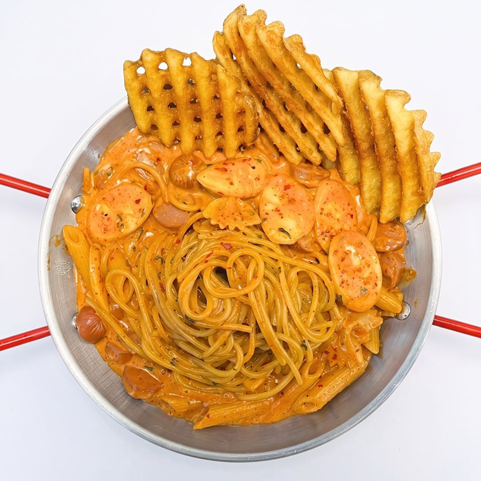 Overhead view of creamy orange pasta with sliced sausage, ravioli, tomatoes, and waffle fries in a metal pan.