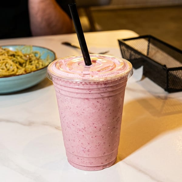 A pink berry smoothie with a black straw next to a bowl of pasta on a white marble table.