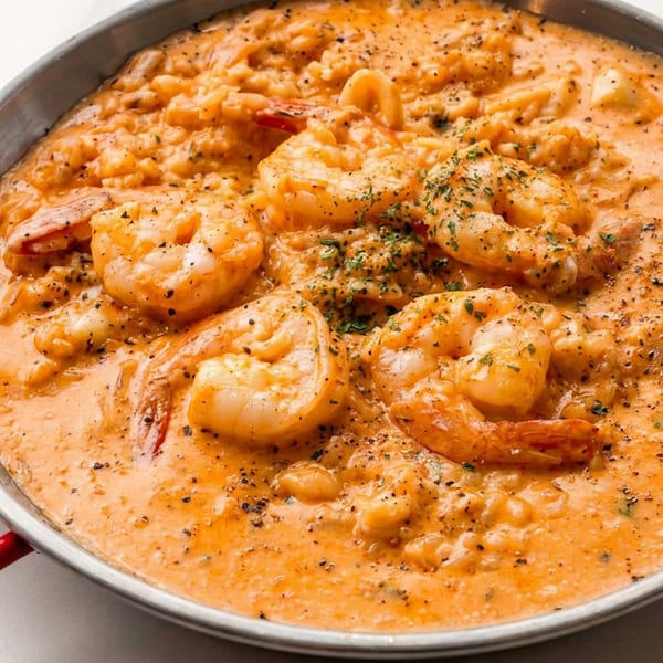 Creamy orange shrimp risotto with black pepper and herbs in a silver pan with red handles.